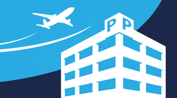graphic of a plane flying upward and a multi-level parking lot 
