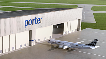 rendering of an aircraft and a hangar, branded with the Porter logo