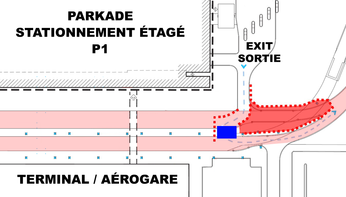 Map outlining portion of the terminal and Parkade. Words ‘PARKADE/STATIONNEMENT ÉTAGÉ, EXIT/SORTIE and TERMINAL/AÉROGARE. Arrivals roadway highlighted in pink. Construction zone/closed road highlighted in red. Blue square indicating where cars will be redirected over the median upon exiting the Parkade. Light blue dotted line representing traffic route. 