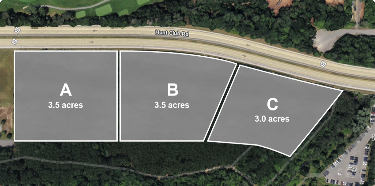 Aerial map view showing three green areas outlined in white. Each area has a letter and its acreage on it (A, B or C). Roadway at top of photo with label ‘Hunt Club Road’. Trees and a small parking area visible in lower part.