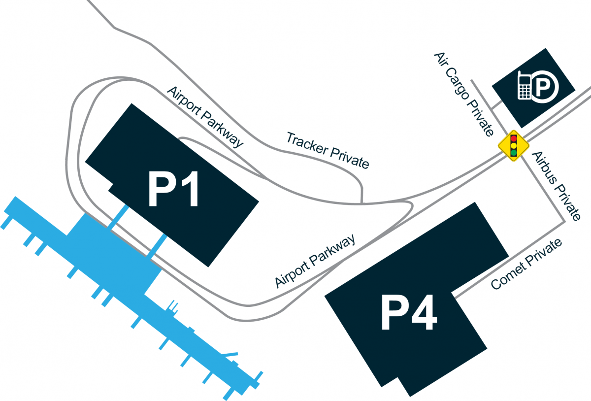 Map that displays the P1 and P4 parking lots, and the Cell Phone Lot