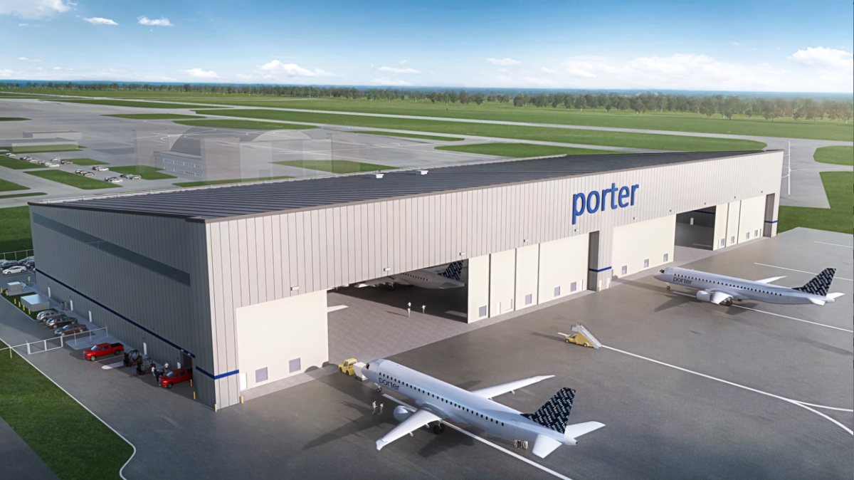 rendering of an aircraft hangar an aircraft branded with the Porter logo on an airfield
